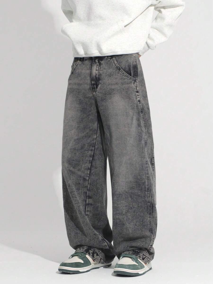 1 件正义兄弟复古阔腿牛仔裤，复古水洗拼布休闲宽松直筒裤男士