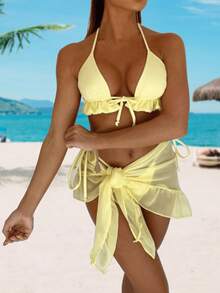 1pc Women's Solid Color Sexy Bikini Swimsuit - Yellow - View 2