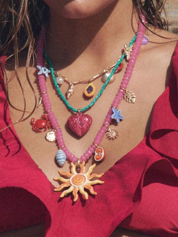 1 pieza Collar de varios niveles de lujo con cuentas de metal con forma de cangrejo, concha y cara, estilo vacaciones, para mujeres