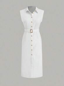 Abito estivo da donna, elegante vestito casual di media lunghezza con cintura in vita, tessuto lavorato a trama unita, chiusura anteriore con bottoni