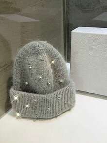 1顶男女通用手工针织帽，饰以水钻和兔毛，闪亮休闲针织帽，适合秋冬季节，圣诞礼物 - 手工兔子仿鑽石兔毛針織帽 - 查看 4