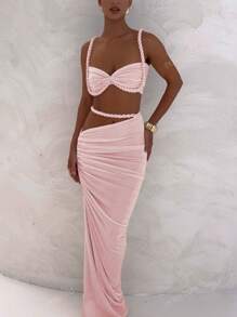 Summer Sexy Backless Camisole Vest, Hip Hugging Pleated Skirt Set