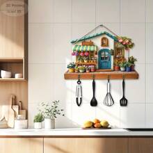 2D Flat, 1pc, A Wooden Colorful Flower Shop Town Multifunctional Home Key Hanger (29.97cm X 22.86cm), With Four Metal Hooks - 2D Flat Printing, Wall Decoration, Porch Decoration, Room Decoration, Villa Decoration, Four Seasons Home Decoration, 2D Flat