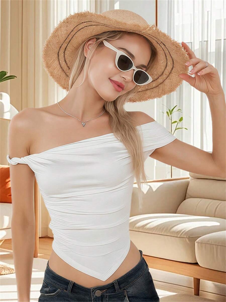 Womens Off Shoulder Tops Casual Sleeveless Ruched Slim Fit Shirt One Shoulder Top Going Out - White - View 1