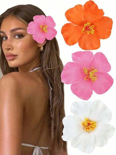 3pcs Hibiscus Flower, Hawaiian Party Summer DIY Decor Artificial Flower Skirt Dance Girl Gift Hair Accessories (White) Hair Clip, School Supplies, Hair Decoration, Hairpin