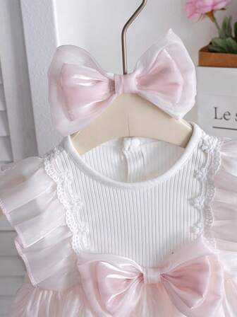 2件套女婴时尚公主风薄纱无袖连体衣和发带套装，适合夏季