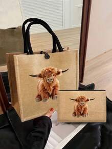 Set de 2 bolsas de lino con estampado de vaca de dibujos animados. Incluye una bolsa de maquillaje, bolso de almacenamiento casual portátil, bolso de moda islámica, bolso con estampado animal, bolso de moda modesta, bolso de compras multifuncional, nuevo diseño, gran capacidad, elección de compras ideal, adecuado para uso diario, regalos del Eid para ella, cumpleaños, vacaciones, playa, viajes, picnics, campamentos, supermercado, almacenamiento diario, regalo del Día de la Madre.