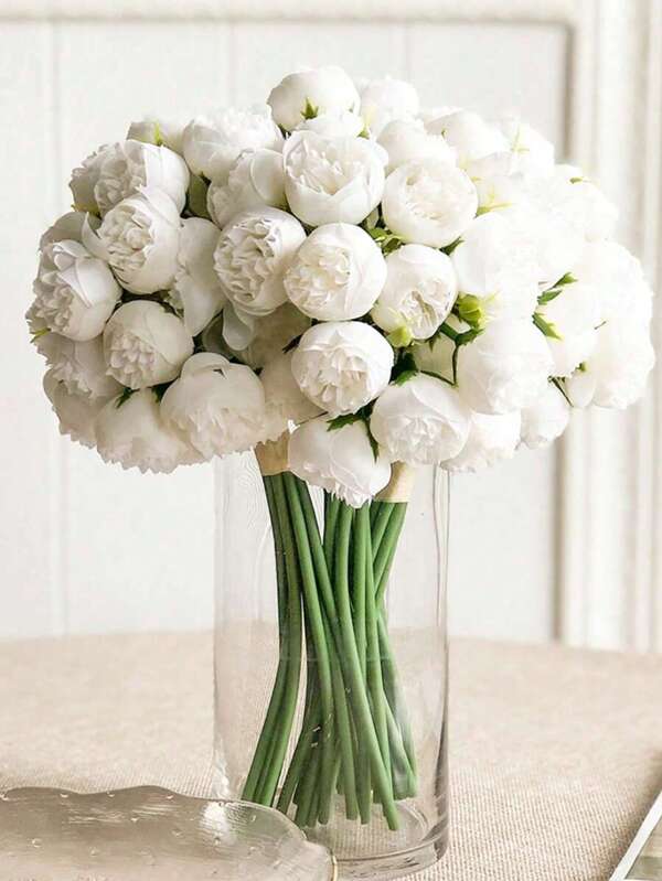 27 têtes de fleurs / 9 tiges / bouquet, camélias artificiels, une tige avec trois fleurs, fausses fleurs avec bord brûlé, roses, pivoines, fleurs de thé, accessoires pour photo de mariage, petit bouquet de décoration pour la maison, ornement, accessoires pour photo de mariage, petit bouquet de décoration pour la maison, décoration de table de salon à la maison, composition florale DIY pour la décoration de la proposition, décoration de salle à manger et de salon à la maison