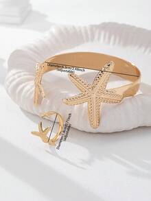 1 Set Starfish Cuff Bracelet Starfish Rings Set / Women Summer Beach Style Starfish Jewelry Set - Gold - View 3