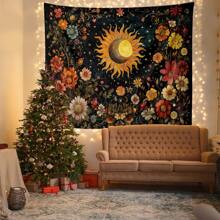 1 pezzo Arazzo da parete in stile bohémien e vibranti colori naturali con decorazioni floreali, sole e luna, realizzato in poliestere, per decorazione estetica della casa, camera da letto, soggiorno, regalo unico per amici e famiglia