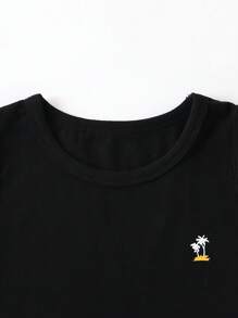 2pcs Set: Boys' Tree Pattern Sleeveless T-Shirt And Elastic Waist Hawaiian Shorts