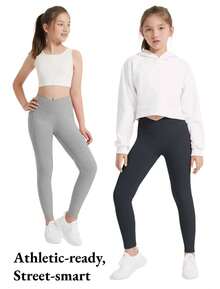 EXARUS 4 Pack Girls Leggings Kids Yoga Pants Crossover V Waist Ankle/Full Length High Waisted For School Casual Dance - SET8 - 查看 2