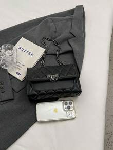 New Fashionable Elegant Versatile One Shoulder Small Square Bag, Stylish Chain Crossbody Bag - Black - View 6