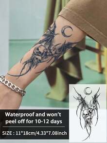1Pc Skull Western Pattern Temporary Tattoos Semi Permanent Tattoo Waterproof Sweatproof Last For 1-2 Weeks Anti-Friction Non-Reflective Faux Black Fake Tattoos For Woman And Men Tattoo Stickers For Arm, Chest, Leg, Abdomen, - Black - View 9