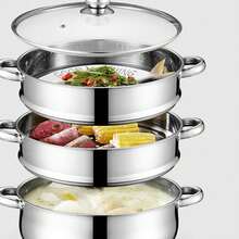 3-Tier Stainless Steel Steamer Pot - 28cm Large Stackable Design For Healthy Cooking, Space-Saving Steam Cooker With Glass Lid, Perfect For UK Kitchens & Meal Prep - Silver - View 5