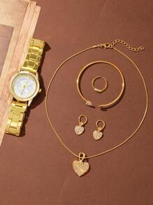 6pcs Fashionable And Versatile Women's Quartz Watch, Round Roman Dial Surface, Gold Steel Strip, Paired With Heart-Shaped Diamond Bracelet, Necklace, Earrings, Ring Jewelry Combination Set, Suitable For Daily And Holiday Wear, Gift Giving