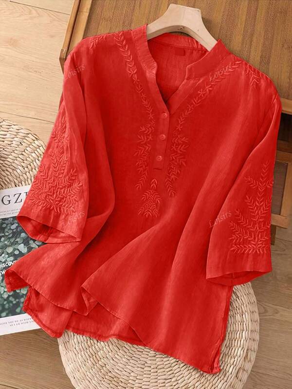 Women's Solid Color Irregular Embroidery Casual Loose Linen Blouse, Spring/Summer