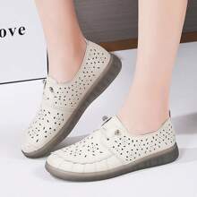 Women's Leather Slip On Hollow Out Flats, New Summer Casual Soft Bottom Shoes, Breathable Loafers