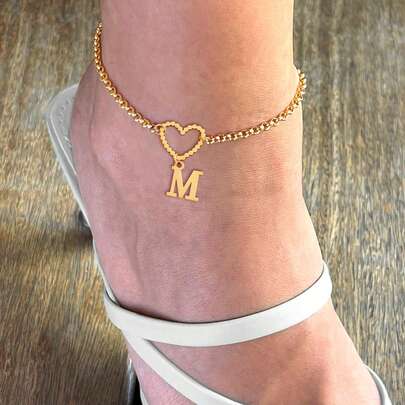 1pc Simple Fashion Hollow Heart Initial Golden Stainless Steel Chain Anklet For Women