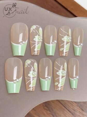 10 件中号 T 形手工按压指甲，新中式绿色法式按压指甲，带珍珠和花朵装饰 - 清新优雅，非常适合春季派对聚会和热爱时尚的女性美甲用品指甲