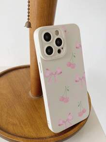 1 pieza Funda protectora para teléfono antideslizante y anticaídas con estampado de lazo rosa y cereza, compatible con 16 Pro Max, 11/12/13/14 Plus/16e, XR/7/8 Plus/15 Pro Max
