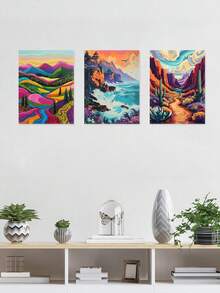 3 件山景海报、海洋悬崖帆布印刷墙面艺术、鲜艳色彩海报、沙漠山谷艺术品、日落天空绘画、风景墙面装饰、艺术印刷品、现代家居装饰、海报、理想礼物、可选画框