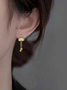 Pendientes de borla de loto de plata de ley 925, diseño simple minimalista, pendientes de perlas redondas con tornillo, regalo para mujeres - Pétalos dorados - Ver 2