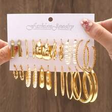 Set de 24 pendientes anchos con diseño de nudo geométrico y perlas falsas,con elementos metálicos, apropiados para vacaciones, fiestas, citas y combinación diaria