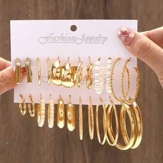 24pcs Fashionable Faux Pearl Geometric Knot Wide Face Earring Set, Metal Element, Suitable For Vacation, Party, Date, Daily Matching
