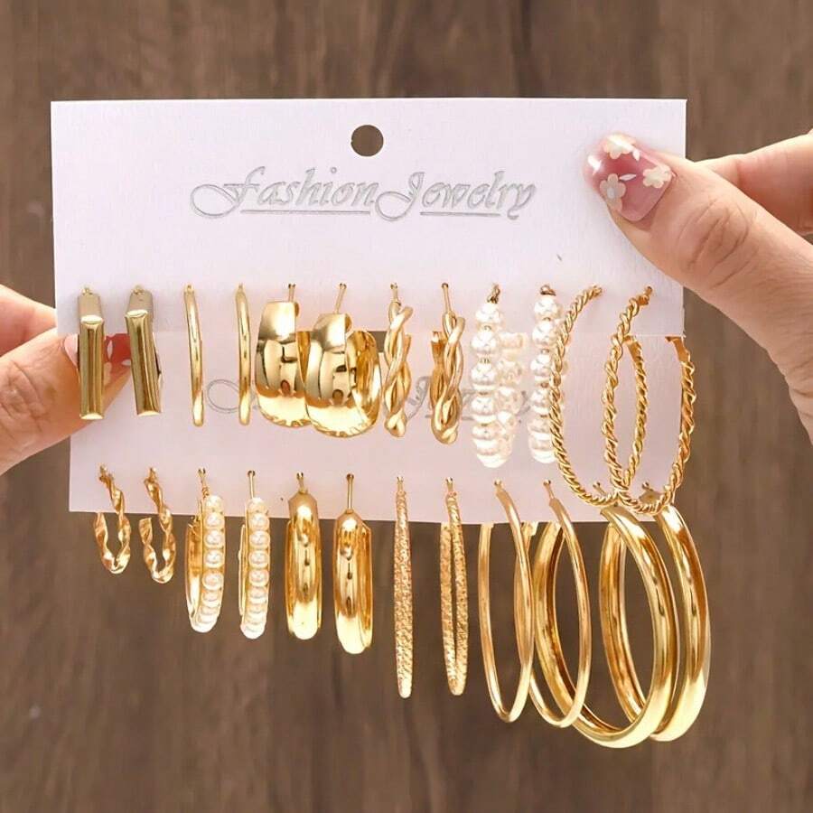 Set de 24 pendientes anchos con diseño de nudo geométrico y perlas falsas,con elementos metálicos, apropiados para vacaciones, fiestas, citas y combinación diaria