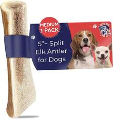 Cuernos de alce para perros de la marca Devil Dog Pet Co., talla mediana 5+, 1 paquete, grado A, masticables duraderos para perros masticadores agresivos, antler natural premium de EE. UU. Libre de olor, saludable y resistente para perros - Split - Mediano - 1 Paquete - Ver 3