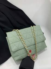 Diamond Pattern Chain Detail Fashion Crossbody Bag With Double Flap Snap Closure - Green - View 1