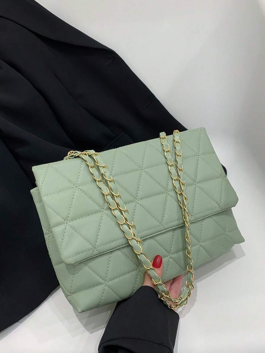 Diamond Pattern Chain Detail Fashion Crossbody Bag With Double Flap Snap Closure - Green - View 1
