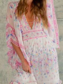 Women Long Sleeve Boho Maxi Dress Floral Printing V-Neck Tie Up Backless Casual Long Dress Flowy Sundress Beachwear - 粉色 - 查看 7
