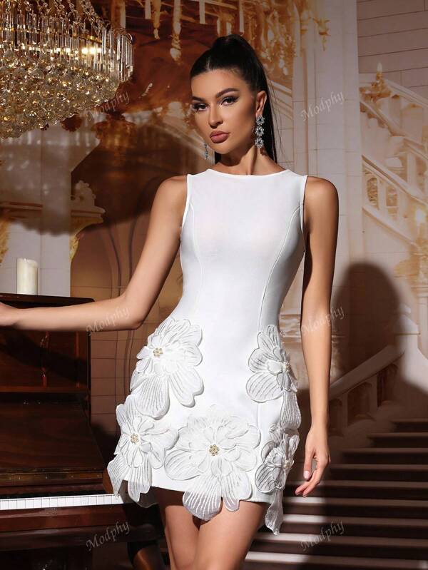 Modphy New Handcrafted 3D Floral Beaded Mini Dress, Sleeveless, Elegant, For Wedding, Party, Formal Occasion