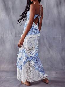Women's Lace Patchwork Maxi Dress Floral Print Back Tie-Up Summer Sundress Sleeveless Ruffled Spaghetti Straps Long Beach Formal Dress - Màu xanh lam - Xem 3
