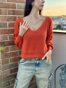 CROCHET KNITTED WINTER BLOUSE V-NECK COLD WARM - Orange - View 1