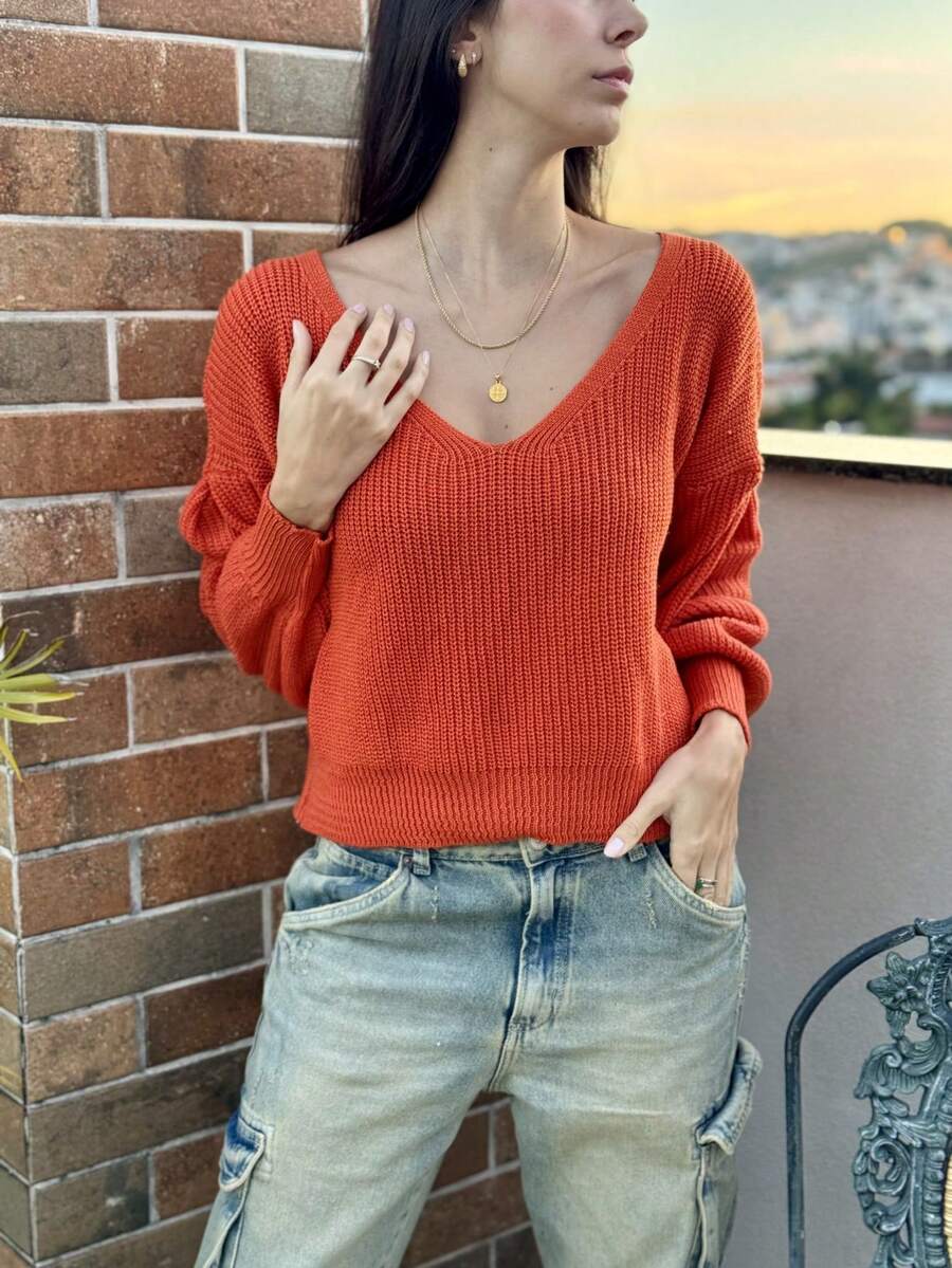 CROCHET KNITTED WINTER BLOUSE V-NECK COLD WARM - Orange - View 1
