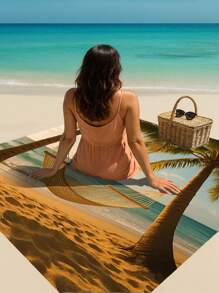 1 套夏季元素防沙沙滩毯套装包括沙滩垫、挂钩、手提袋、沙滩别针，适用于海滩、露营和野餐 - 彩色 - 查看 5