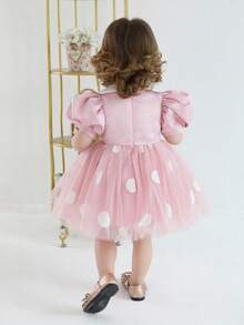 女婴波点泡泡袖蝴蝶结薄纱粉色圣诞派对礼服，优雅公主裙，适合女孩生日、周年纪念、派对、婚礼、宴会、节日庆典等场合。 - 粉色 - 查看 2