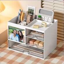 1 pièce Boîte de rangement de bureau avec tiroirs, organisateur de papeterie étudiant support à stylos avec support à mémo, organisateur de bureau scolaire à domicile, boîte de rangement pour maquillage, décoration de table, retour à l'école, fournitures scolaires, trousse à crayons, étui à crayons, sac d'école