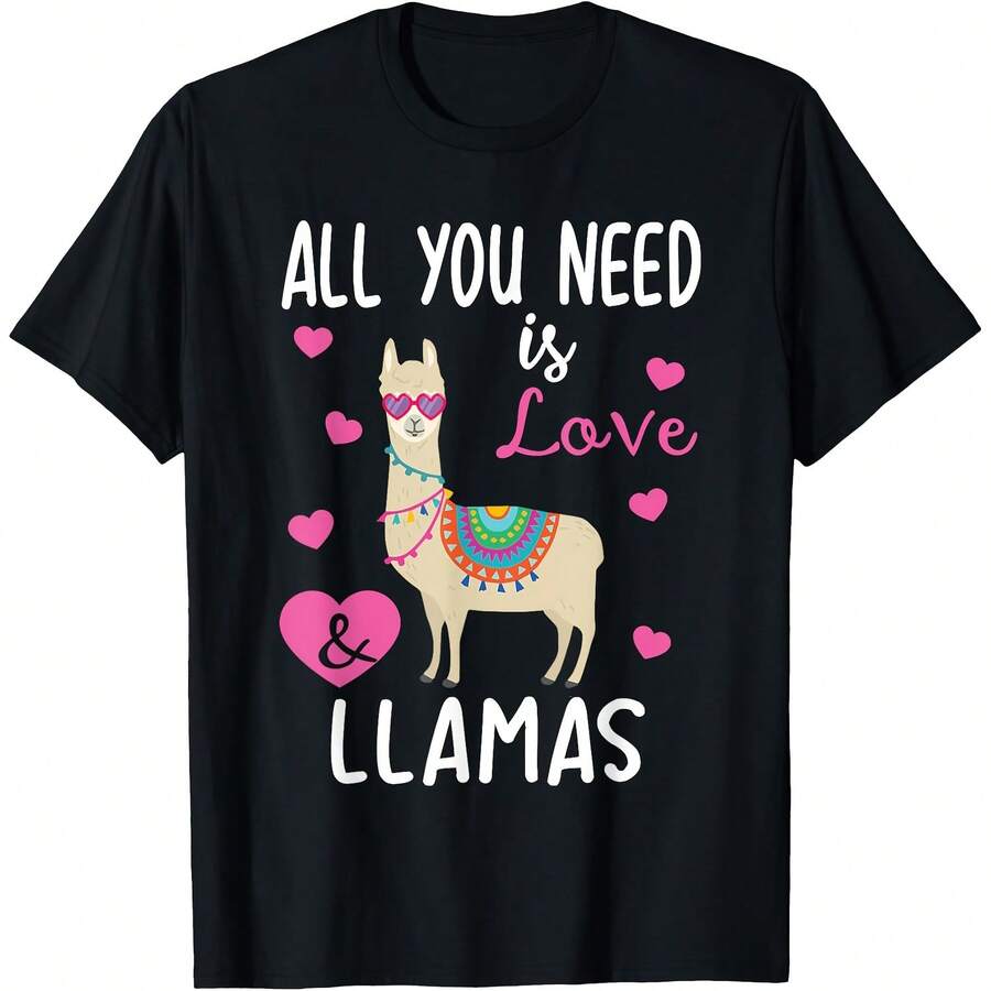 Valentine Llama All You Need Is Love & Llamas Gifts T-Shirt - Black - View 1