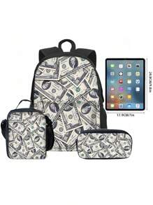 Dollar Pattern Printed Backpack Three Pieces Set (Front Bag Backpack + Lunch Bag + Pencil Bag) Pencil Case