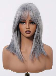16 Inch Long Straight Grey Wigs With Bangs Synthetic Wigs For Women Ordinary Work, Life, Dance Parties And All Occasions Use