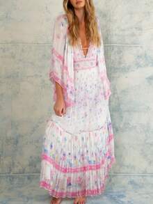 Women Long Sleeve Boho Maxi Dress Floral Printing V-Neck Tie Up Backless Casual Long Dress Flowy Sundress Beachwear - 粉色 - 查看 4