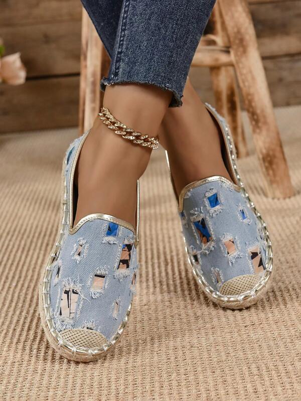 Women's Woven Flat Shoes, New Spring/Summer Patch Pale Blue Fisherman Shoes, Rope Bottom Flat Slip-On Shoes For Women