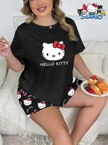 Sanrio Sanrio 2pcs Short Sleeve Shorts Pajama Set, Casual Round Neck Top And Shorts With Kitty Cat Cartoon Print, Spring/Summer Collection