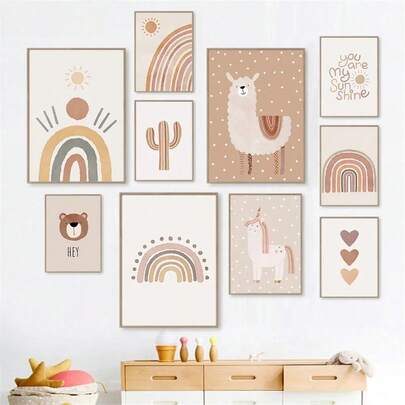 1 pezzo Quadri da parete moderni a forma di cuore arcobaleno, sole, cactus, orso, alpaca, stampe su tela, decorazione per camera dei bambini in stile boho, con opzione per la cornice