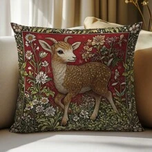 1pc Retro Morris Floral Deer Decorative Pillow Cover, Soft Peach Velvet Single-Sided Printed, 45*45CM Cushion Cover For Home Decor, Party Decor, Pillow Gift