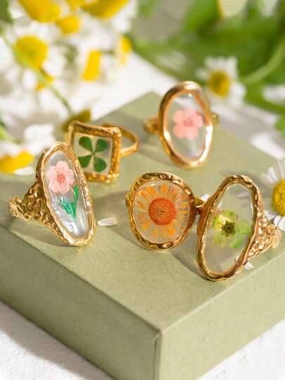 1 Piece Stylish Design Gold Color Stainless Steel Daisy Clover Dried Flower Open Adjustable Ring French Simple Casual Holiday Party Women's Petal Ring